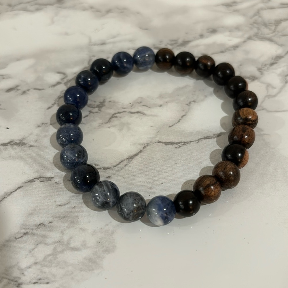 Sodalite and Tiger Eye Wood beaded bracelet.